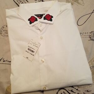 (Size L) Floral Embroidery Dress Shirt